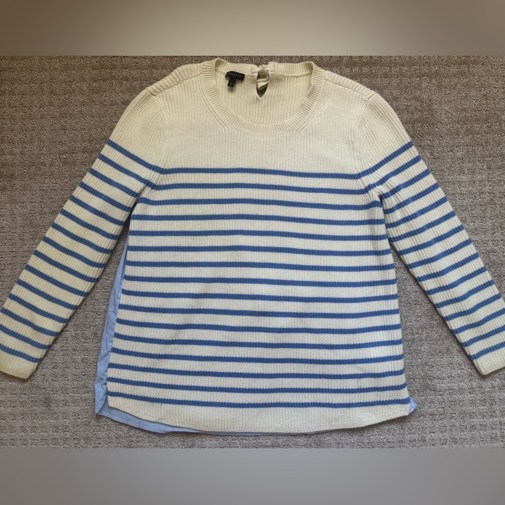 Talbots Striped Knit Sweater Shirt Hem Back Tie Blue Cream Preppy Sz L
